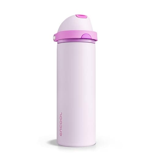 Insulated Water Bottle with Straw - Encool Stainless Steel Water Bottle with Push Button Lid, Leak-Proof & BPA-Free, Keeps Cold for 24 Hours for Sports, Travel, Gym (24 oz, Thistle-Fuchsia)