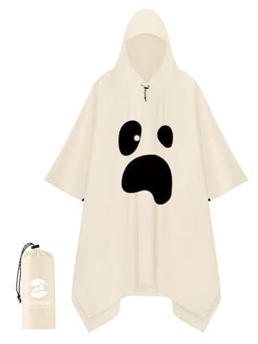 SaphiRose Hooded Rain Poncho Waterproof Raincoat Jacket for Men Women Adults (White Ghost)