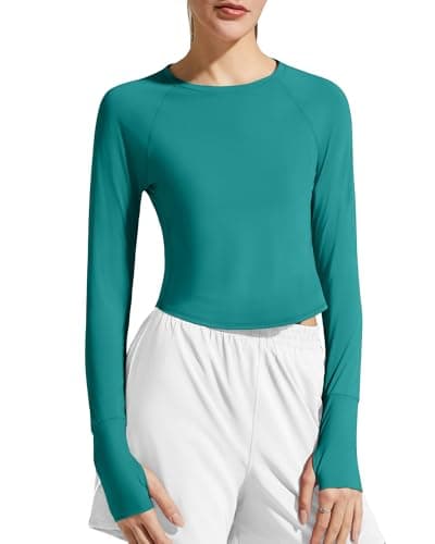 G4Free Swim Shirts for Woman Long Sleeve UPF 50+ Thumb Hole Sun Shirts Athletic Workout Tops Stretch Hiking Cropped Tshirt(Teal,XS)