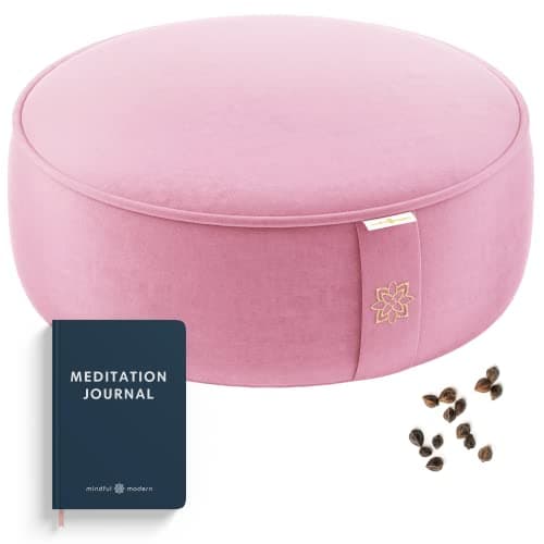 Mindful & Modern Velvet Meditation Cushion | Luxe Zafu Yoga Floor Pillow Seat | Posture Support | Buckwheat Hull Filled | Large Round Cushion with Removable Washable Cover + Carry Handle | Color Pink