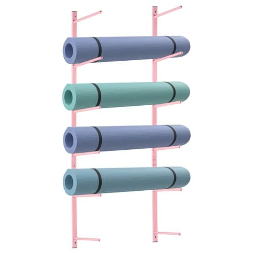 Retyion Yoga Mat Holder Wall Mount Yoga Mat Storage Holder Yoga Mat Organizer Skateboard Wall Mount for Foam Rollers Skateboard Ski Board (Pink)