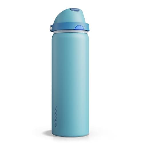 Insulated Water Bottle with Straw - Encool Stainless Steel Water Bottle with Push Button Lid, Leak-Proof & BPA-Free, Keeps Cold for 24 Hours for Sports, Travel, Gym (32 oz, Silk Blue)