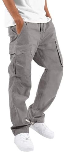 HUNGSON Mens Cargo Pants Drawstring Casual Hiking Pants Joggers Athletic Trousers Cotton Loose Straight Sweatpants for Men Grey