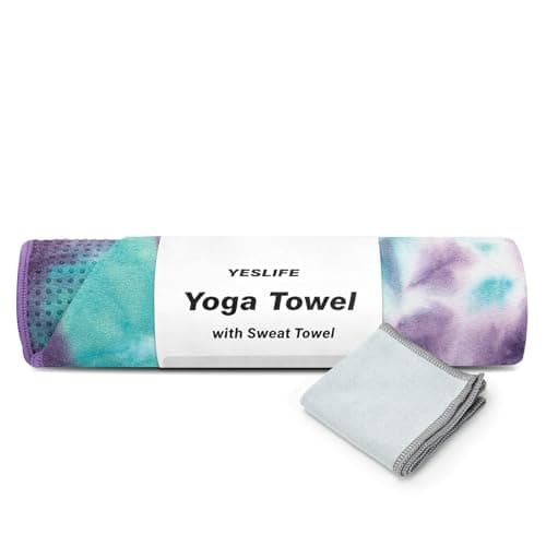 YESLIFE Non-Slip Extra Thick Hot Yoga Towel with One Sweat Towel, Microfiber Sweat Absorbent Yoga Mat Towel with Grip Dot, Pilates Mat, 72" x 24", Green&Purple