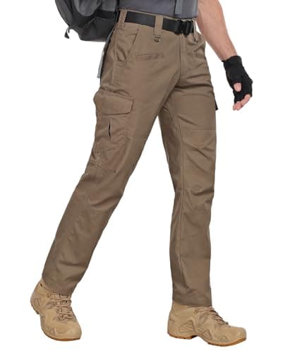 Zoofly Cargo Pants for Men Ripstop Water Proof Mens Work Pants Elastic Waist Combat Tactical Pants with Pockets Brown 34W*32L