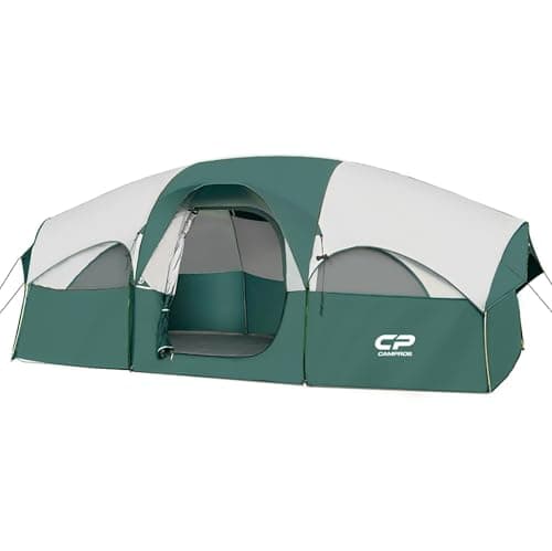 CAMPROS CP Tent 8 Person Camping Tents, Weather Resistant Family Tent, 5 Large Mesh Windows, Double Layer, Divided Curtain for Separated Room, Portable with Carry Bag - Dark Green