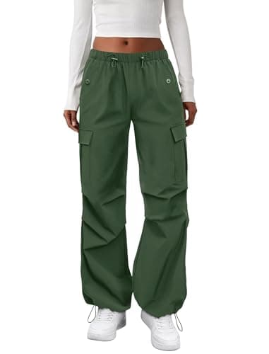 COPYLEAF Cargo Pants Women Elastic Waisted Parachute Hiking Pants with Pockets Water Resistant Lightweight Baggy Pants(Army Green S)