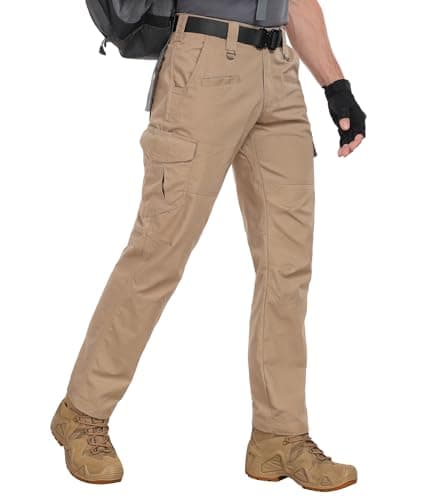 Zoofly Mens Work Pants with Pockets Water Resistant Cargo Pants for Men Elastic Waist Climbing Hiking Pants Ripstop Khaki 34W*30L