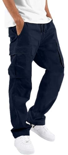 HUNGSON Mens Cargo Pants Drawstring Casual Hiking Pants Joggers Athletic Trousers Cotton Loose Straight Sweatpants for Men Navy Blue