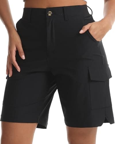 Yoglegins Women's Lightweight Hiking Cargo Shorts for Running Athletic Camping Travel Golf - Water Resistant with 5 Pockets(Black, Medium)