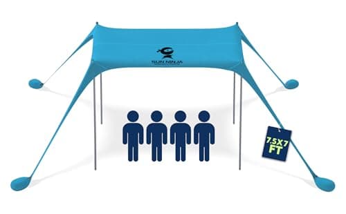 SUN NINJA Beach Tent Sun Shelter UPF50+ - Easy Pop Up Beach Canopy - Outdoor Shade for Camping Trips, Fishing, Backyard Fun Picnics - Sand Shovel, Ground Pegs & Stability Poles