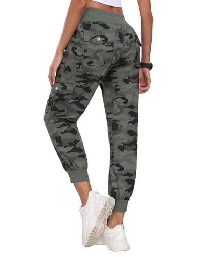 MoFiz Women Cargo Pants with Pockets Lightweight Outdoor Summer Travel Casual Hiking Pants Running Joggers Sweatpants Elastic Waist Camouflage Green M