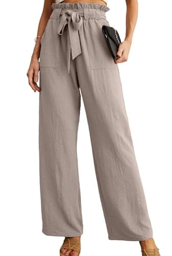 IWOLLENCE Women's Wide Leg Pants with Pockets High Waist Adjustable Knot Loose Casual Trousers Business Work Casual Pants Light Khaki Large