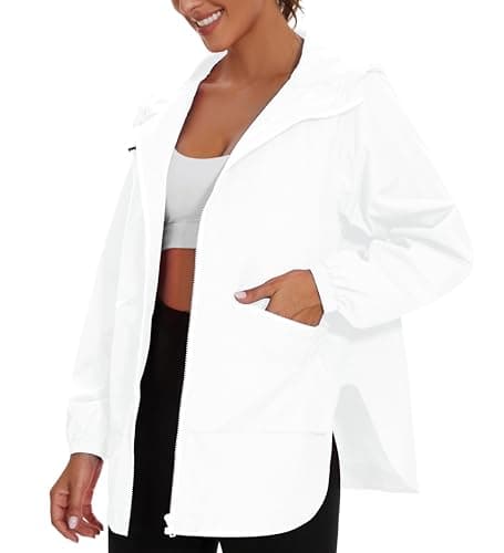 PESION Women's Waterproof Rain Jacket Lightweight Raincoat Hooded Windbreaker Trench Coat, White, XLarge