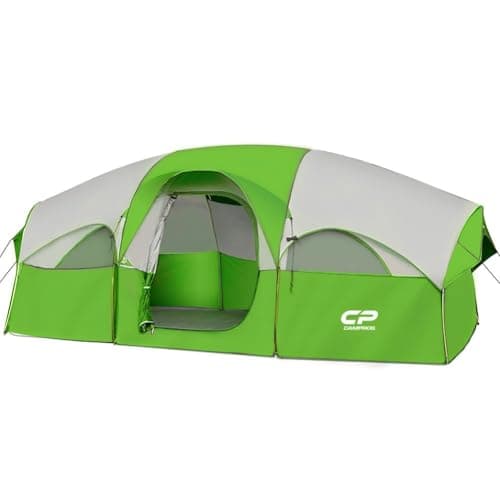 CAMPROS CP Tent 8 Person Camping Tents, Weather Resistant Family Tent, 5 Large Mesh Windows, Double Layer, Divided Curtain for Separated Room, Portable with Carry Bag - Green
