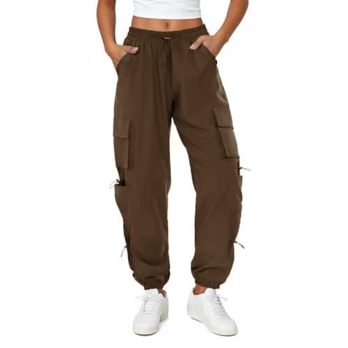 COPYLEAF Womens Parachute Cargo Pants with Pockets Quick Dry Hiking Pants Lightweight Water-Resistant Baggy Joggers(Brown M)