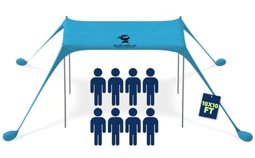 SUN NINJA Beach Tent Sun Shelter UPF50+ - Easy Pop Up Beach Canopy - Outdoor Shade for Camping Trips, Fishing, Backyard Fun Picnics - Sand Shovel, Ground Pegs & Stability Poles
