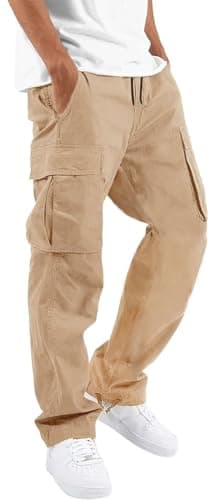 HUNGSON Mens Cargo Pants Drawstring Casual Hiking Pants Joggers Athletic Trousers Cotton Loose Straight Sweatpants for Men Light Khaki
