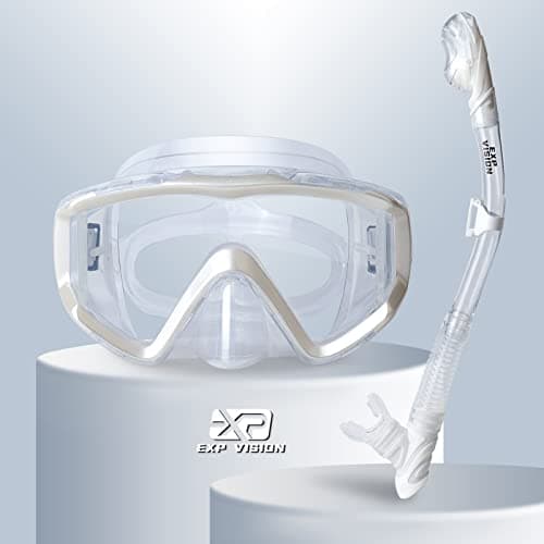 Snorkel Set Pano 3 Window Adult Snorkeling Gear, Professional Snorkel Goggles Anti-Fog Diving Mask, Anti-Leak Swim Goggles and Dry Top Snorkel for Diving, Snorkeling, Swimming (Pearl White)