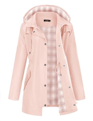 LOMON Women Waterproof Rain Jacket Lightweight Hooded Jackets Women Casual Lined Coats Outdoor Hiking Raincoat Pink L(Big Plaid Lining)