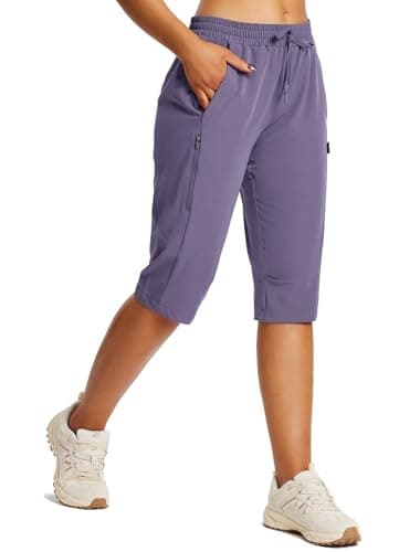 baleaf Women's 15" Hiking Shorts Long Bermuda Cargo Below The Knee Capris Lightweight Quick Dry Elastic Waist for Casual Dark Purple L