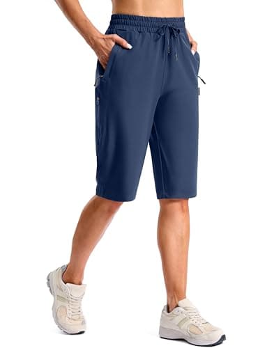 SANTINY Women's 13" Long Hiking Shorts with Zipper Pocket Lightweight Quick Dry Knee Length Bermuda Shorts for Women (Tibetan Blue_XL)