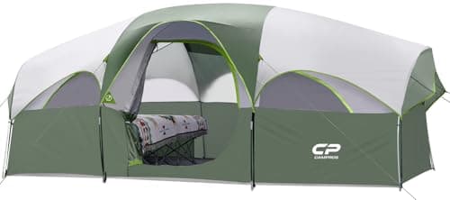 CAMPROS CP Tent 8 Person Camping Tents, Weather Resistant Family Tent, 5 Large Mesh Windows, Double Layer, Divided Curtain for Separated Room, Portable with Carry Bag - Light Green