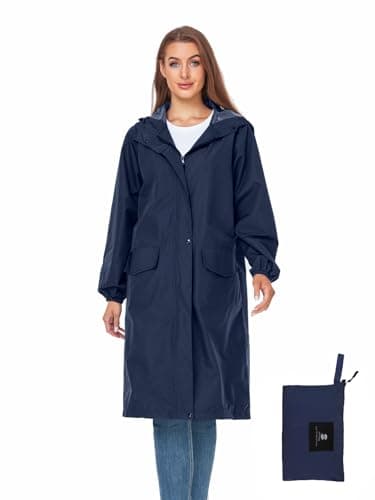 Womens Long Hooded Rain Jacket Waterproof Lightweight Raincoat Windbreaker Navy Medium