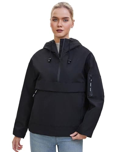 PUFFIT Rain Jacket Women, Women’s Lightweight Anorak Pullover Hoodie Jacket, Water, Resistant, Black, L