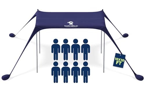 SUN NINJA Beach Tent Sun Shelter UPF50+ - Easy Pop Up Beach Canopy - Outdoor Shade for Camping Trips, Fishing, Backyard Fun Picnics - Sand Shovel, Ground Pegs & Stability Poles