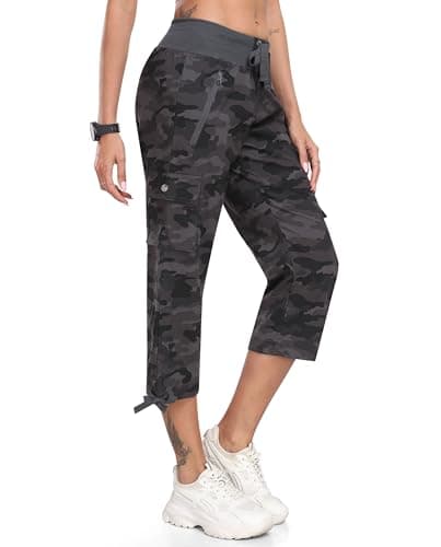 MoFiz Womens Capris Summer Cargo Shorts Lightweight Quick Dry Athletic Casual Travel Loose Ladies Outdoor Hiking Pants Pockets Camo Gray 3XL