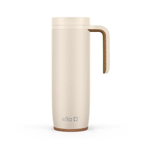 Ello Magnet 18oz Stainless Steel Travel Mug with Handle and Leak Proof Lid | Vacuum Insulated Coffee Cup Keeps Drinks Hot for 5 Hours | BPA Free Tumbler with Built In Coaster, Limestone