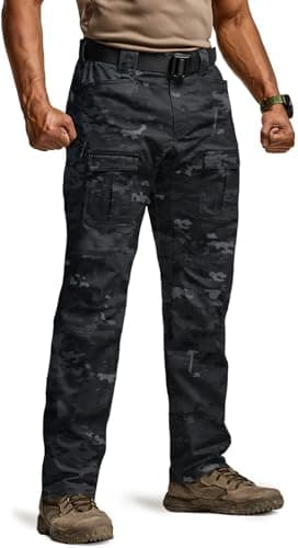 CQR Men's Flex Ripstop Tactical Pants, Water Resistant Stretch Cargo Pants, Lightweight EDC Hiking Work Pants, Breacher Camo Utility Camo Black, 30W x 30L