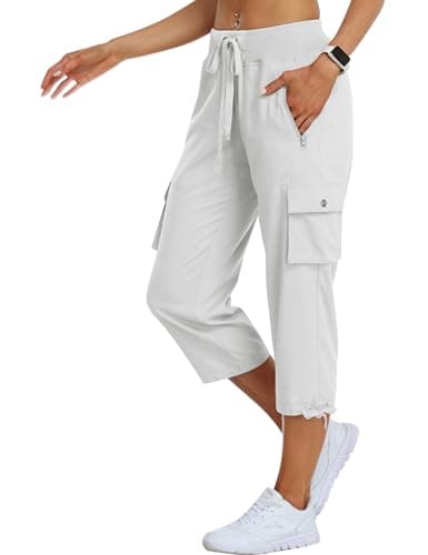 MoFiz Women's Cargo Capris Hiking Pants Lightweight Quick Dry Outdoor Athletic Travel Casual Loose Comfy Cute Zipper Pockets Rice White 3XL