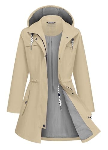 ATLASLAVA Rain Jacket Women Waterproof Long Lightweight Raincoat Hooded Windbreaker Outdoor Trench Coat KHAKI S
