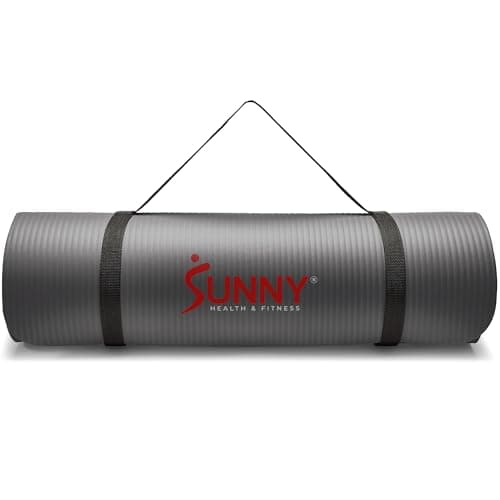 Sunny Health & Fitness Premium 1/2-Inch Extra Thick Exercise Yoga Mat Non-Slip High Density Pilates and Floor Workout Elastic Strap Portable with Carrying Strap- Grey - 74 x 24 Inches - SF-EM03-GY