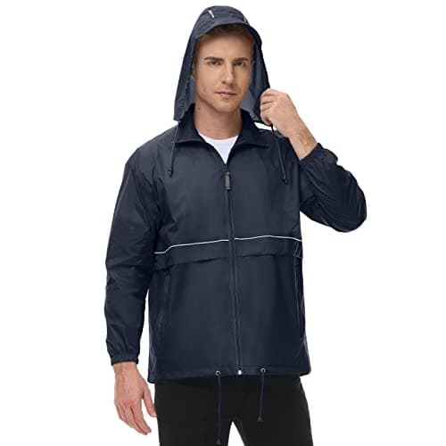 TIHEEN Mens Waterproof Windbreaker Rain Jacket Lightweight Hooded Raincoat Packable Lightweight Rain Coat(12202-Navy,5XL)