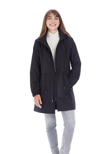 Nine West Women’s Hooded Rain Coat | 34 Inch Mid-Length, Adjustable Waist | Black (Small)