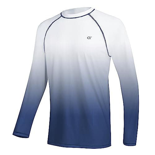 Satankud Men's Long Sleeve Swim Shirts Rashguard UPF 50+ UV Sun Protection Shirt Athletic Workout Running Hiking T-Shirt Swimwear (White Gradient Navy,X-Large)