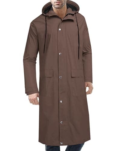 COOFANDY Men's Rain Jacket with Hood Waterproof Lightweight Active Long Raincoat,Brown,Large
