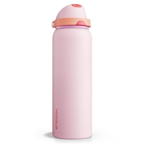 Insulated Water Bottle with Straw - Encool Stainless Steel Water Bottle with Push Button Lid, Leak-Proof & BPA-Free, Keeps Cold for 24 Hours for Sports, Travel, Gym (40 oz, Lily-Red)