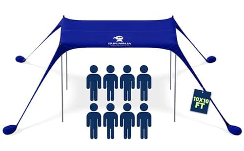 SUN NINJA Beach Tent Sun Shelter UPF50+ - Easy Pop Up Beach Canopy - Outdoor Shade for Camping Trips, Fishing, Backyard Fun Picnics - Sand Shovel, Ground Pegs & Stability Poles