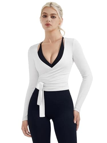 SUUKSESS Women Pilates Wrap Workout Cropped Top Ribbed Long Sleeve V Neck Tie Front Ballet Yoga Shrug Blouse(White,S)