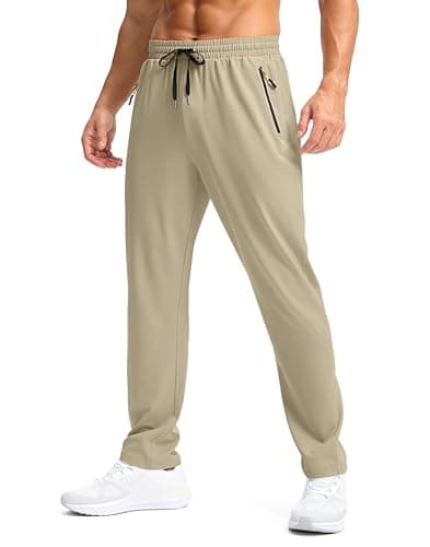Pudolla Mens Elastic Waist Hiking Pants Water Resistant Quick-Dry Lightweight Cargo Pants with Zipper Pockets(Light Khaki L)