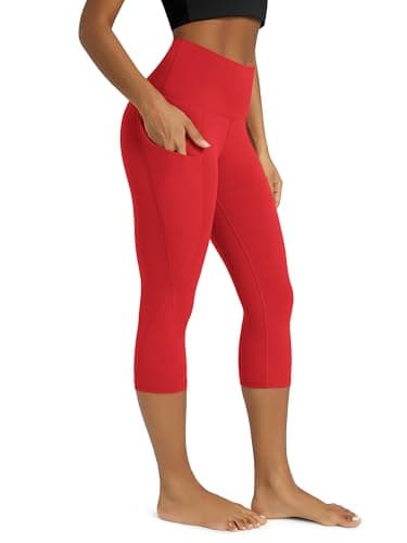 ODODOS Women's High Waisted Yoga Capris with Pockets,Tummy Control Non See Through Workout Sports Running Capri Leggings, Red,Medium