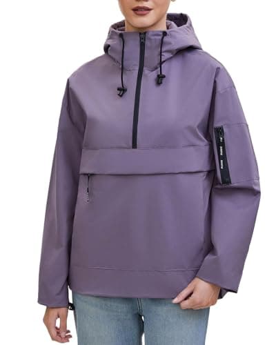 PUFFIT Rain Jacket Women, Women’s Lightweight Anorak Pullover Hoodie Jacket, Water, Resistant, Purple Ash, L