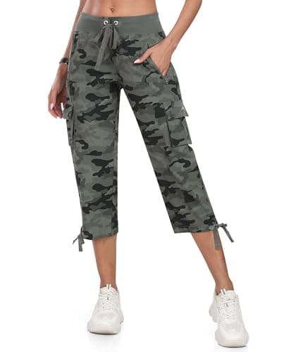 MoFiz Women's Cargo Capris Hiking Pants Lightweight Quick Dry Outdoor Athletic Travel Casual Loose Comfy Cute Zipper Pockets Camouflage Green L