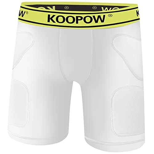 KOOPOW Youth Boys Padded Compression Sliding Shorts Pants with Soft Protective Athletic Cup Pocket, Baseball Slider Boxer Briefs Underwear for Kids, Football Lacrosse,White Green,XS