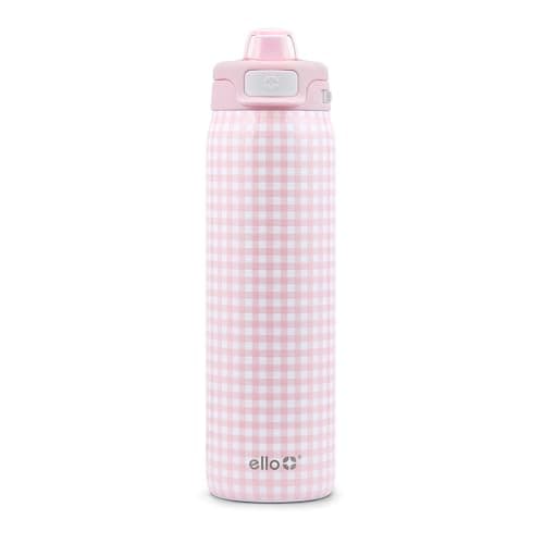 Ello Pop & Fill 22oz Stainless Water Bottle, Sip or Chug, Pink Gingham