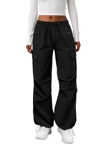 COPYLEAF Cargo Pants Women Elastic Waisted Parachute Hiking Pants with Pockets Water Resistant Lightweight Baggy Pants(Black S)